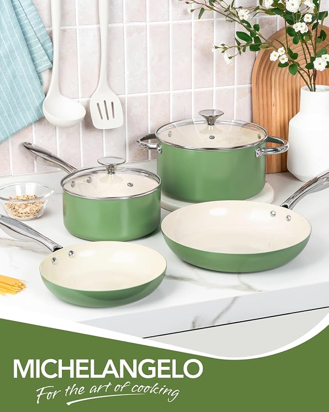 MICHELANGELO Pots and Pans Set Non Stick 8 Piece Ceramic Cookware Set Green | PFAS-Free Green Ceramic Nonstick Cookware Set for Eggs, Fish, Vegetables, Low-Oil Cooking and Induction Stoves, Easy Cleanup