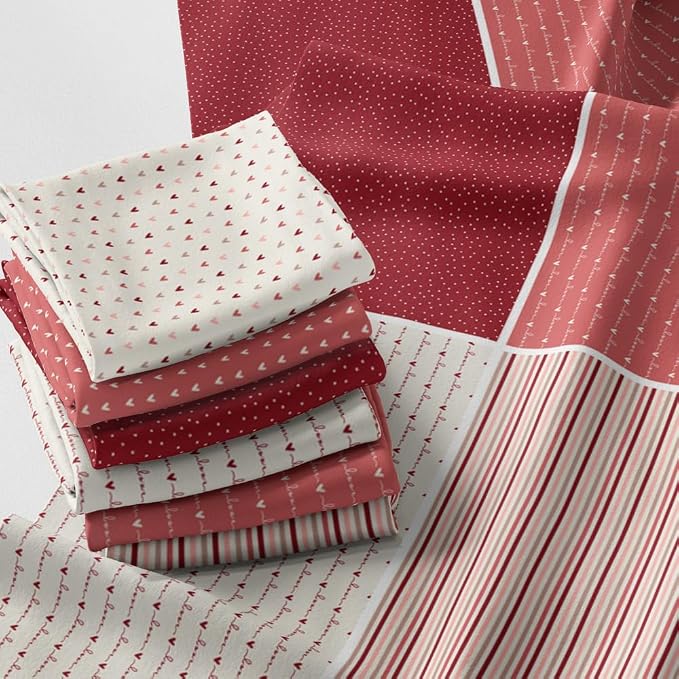Valentine Patchwork Fabric Panel 100x155 cm – 100% Cotton Satin, 6 Coordinated Heart, Love Script, Dot & Stripe Prints on One Continuous Sheet (Love Story, 6pcs 50x50cm)