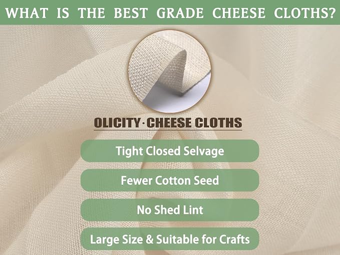 Olicity Cheese Cloths, Grade 90, 45 Sq Feet, Reusable Cheese Cloth with Closed Edges Unbleached Cotton Cheesecloth for Straining, Fine Mesh Fabric Muslin Cloth for Cooking, Baking, Milk,Crafts-5 Yards