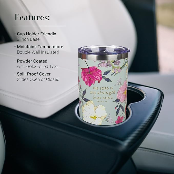 Christian Art Gifts Large Stainless Steel Scripture Travel Mug Tumbler for Women: Lord is My Strength Inspirational Bible Verse, Double Wall Vacuum Insulated w/Lid, Mint Green Multicolor Floral, 18oz.