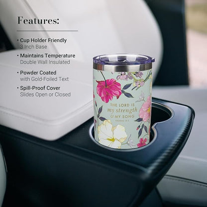 Christian Art Gifts Large Stainless Steel Scripture Travel Mug Tumbler for Women: Lord is My Strength Inspirational Bible Verse, Double Wall Vacuum Insulated w/Lid, Mint Green Multicolor Floral, 18oz.