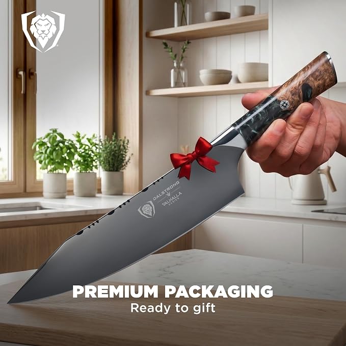 DALSTRONG Chef Knife - 8 inch - Valhalla Series - Ravenstone Black Blade Titanium Coated - Premium 9CR18MOV HC Steel - Resin & Wood Handle - Razor Sharp - Kitchen Cooking Chef's Knife - Leather Sheath