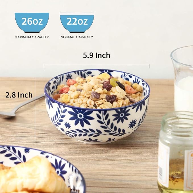 glowworm Cereal Bowls Set of 6, 26 Oz Porcelain Soup Bowls for Kitchen, Vintage Bowl Set for Rice, Oatmeal, Ice Cream, Dessert, Dishwasher & Microwave safe, Bohemian Blue & White
