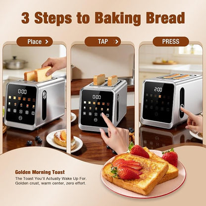 2 Slice Toaster, Smart Digital Touchscreen with Memory Function, 1.5" Extra-Wide Slots, 5 Bread Types & 6 Browning Settings, 900W for Fast Toasting, Defrost & Reheat Modes