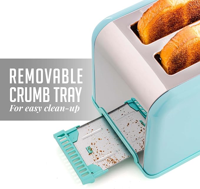 OVENTE 2-Slice Electric Toaster, 825W with 6 Browning Settings, Bagel, Defrost, Cancel Functions, Extra-Wide Slots, Stainless Steel Retro Countertop Toaster, Turquoise TS2450T