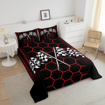 Manfei Extreme Sports Theme Comforter Set with 2 Pillowcases,Checkered Flag Super Soft Microfiber Bedding Set for Adults Teens,Red Honeycomb Geometric Duvet Set for Room Decor,King