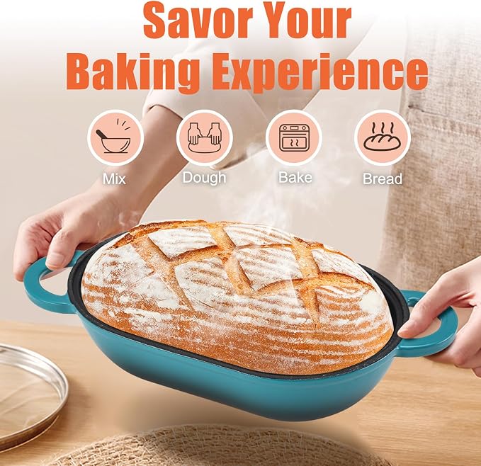 Enameled Cast Iron Oval Dutch Oven Pot with Lid, 5 QT Dutch Oven for Sourdough Bread Baking, Bread Loaf Pan with Lid & Bread Oven (Blue-Green)