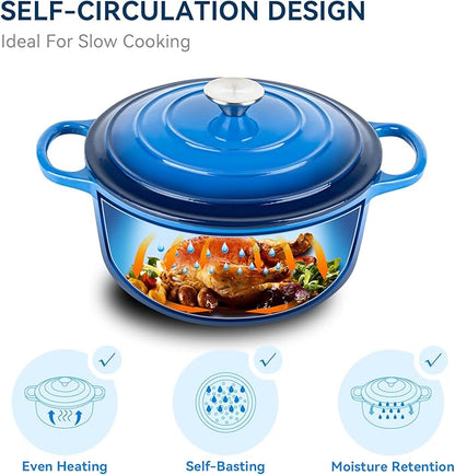 Miereirl 6 Quart Enameled Dutch Oven Pot with Lid, Cast Iron Dutch Oven with Dual Handles for Bread Baking, Cooking, Non-stick Enamel Coated Cookware (Dark Blue)