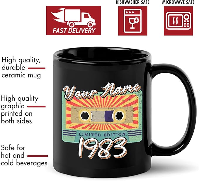 Personalized Vintage Cassette Tape Vintage 1983 Mug, Custom Your Name, 1983 Retro Coffee Mug, 39th Birthday Present Gifts, 1983 Birthday Gift For Friends Family, Customizable Black Tea Cups