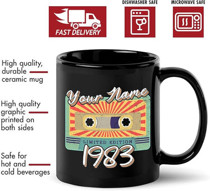 Personalized Vintage Cassette Tape Vintage 1983 Mug, Custom Your Name, 1983 Retro Coffee Mug, 39th Birthday Present Gifts, 1983 Birthday Gift For Friends Family, Customizable Black Tea Cups