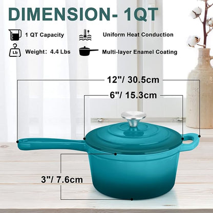 1 Quart Cast Iron Saucepan, Leonyo Enameled Sauce Pan with Lid, Enamel Cast Iron Dutch Oven Cooking Stock Pots and Pan Set Kitchen Cookware Appliances for All Cooktops - Up to 500°F, Lake Green