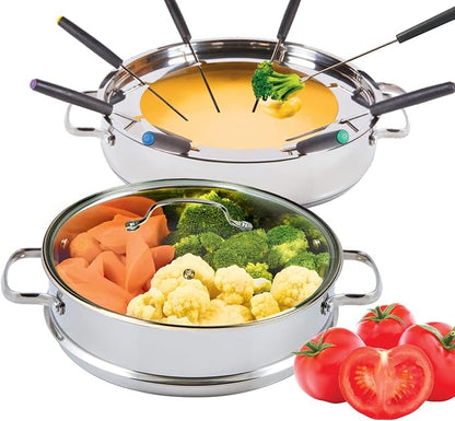 Nuwave 18/8 Stainless Steel Ultimate Cookware Set, Free of PTFE, PFOA, PFOS, Fondue Pot Set, Works On ALL Cooktops and Induction Cookers, Steamer Basket, Glass Lid & 8 Fondue Forks Included (Renewed)