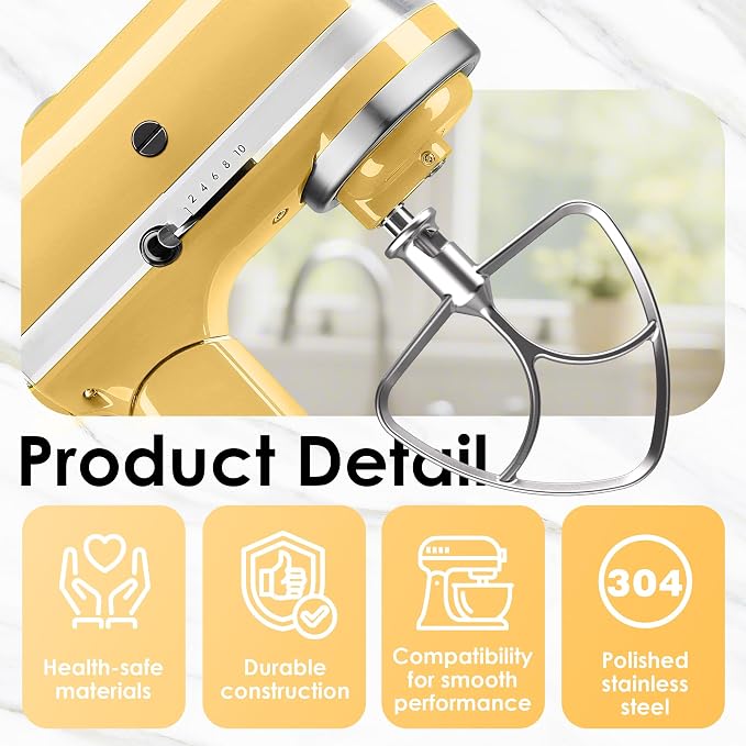 3-Piece Stainless Steel Mixer Attachment Kit for KitchenAid 4.5/5 QT Tilt-Head Mixers, K45WW Wire Whip, K45DH Dough Hook & K45B Coated Flat Beater, Baking Essentials Set, Dishwasher Safe