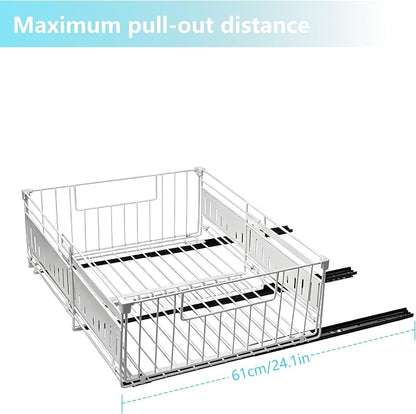 KimHong 2 Pack Pull Out Cabinet Organizer, Expandable Drawer Organizer with Adjustable Width 12.4"-19.5", Adhesive No Drill Under Cabinet Shelves for Home Kitchen Pantry with Silent Slides