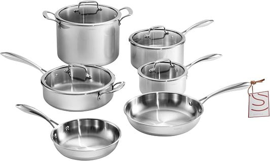 10 Pcs Stainless Steel Pots and Pan Sets for Various Cooking Needs | 5 Ply Clad, Compatible with All Cooktops, PTFE, PFAS and PFOA Free, Dishwasher Safe, Oven Safe Up to 800F