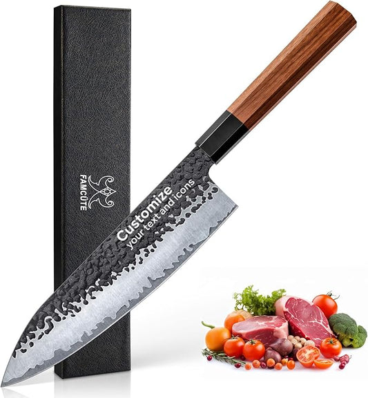 FAMCÜTE Customize Japanese Knife, Hand Forged 8 inch Chef Knife - High Carbon Steel 5 Layers 9CR18MOV Japanese Chefs Knife - Wood Handle Customizable Patterns and Copywriting Kitchen Knife for Gift
