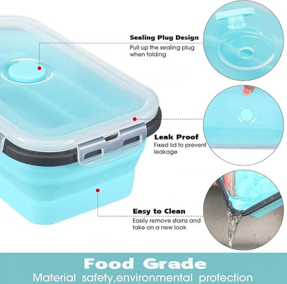 Mimorou 8 Pcs Collapsible Food Storage Containers Foldable Silicone Lunch Containers with Lids 4 Silicone Rectangle Collapsible Bowls and 4 Round Food Bowls Microwave Freezer Dishwasher Safe (Blue)