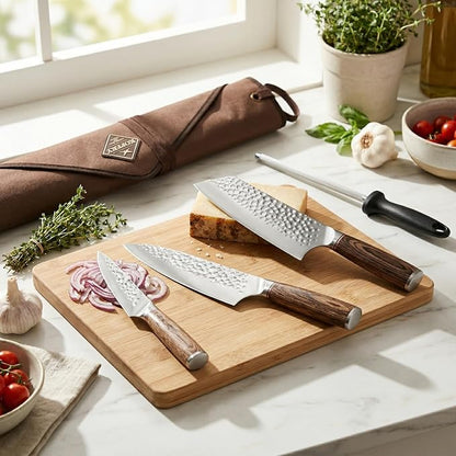 KOFERY 5 Piece Chef Knife Set, High Carbon Stainless Steel Kitchen Knives, Hand Forged Hammered Blades for Meat Cutting and Culinary School, Travel Pouch, Roll Bag, Honing Steel, Block Not Included