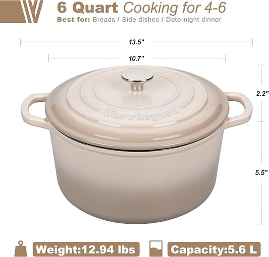 VORRINGARD Enameled Cast Iron Dutch Oven Pot with Lid, for Sourdough Bread Baking, Round Dutch Ovens, 6 Quart, Latte