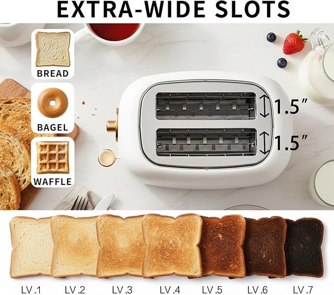 2-Slice Toaster, Wide Slots, 7 Bread Shade Settings, Stainless Steel, Bagel, Cancel, and Defrost Functions, Removable Crumb Tray, Retro Style Toaster,Matte White and Gold