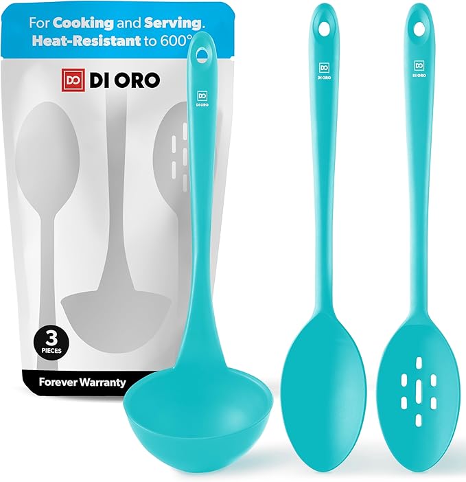 DI ORO Silicone Ladle & Spoons for Cooking – Large Kitchen Spoons for Mixing, Serving, & Stirring - Soup Ladle with Wide Bowl - High Heat Silicone Kitchen Utensils for Nonstick Cookware Safe (Teal)