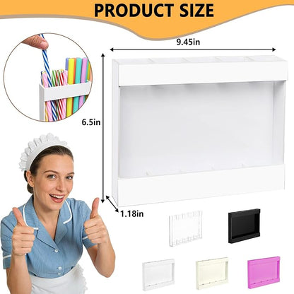 NTIERA 9.5" Large Acrylic Straw Holder for Cabinet Door-Reusable Tumbler Straw Organizer Storage,Small Kitchen Organizers and Storage Accessories Container, Ultra Sticky Cupboard Door Mounted(White)