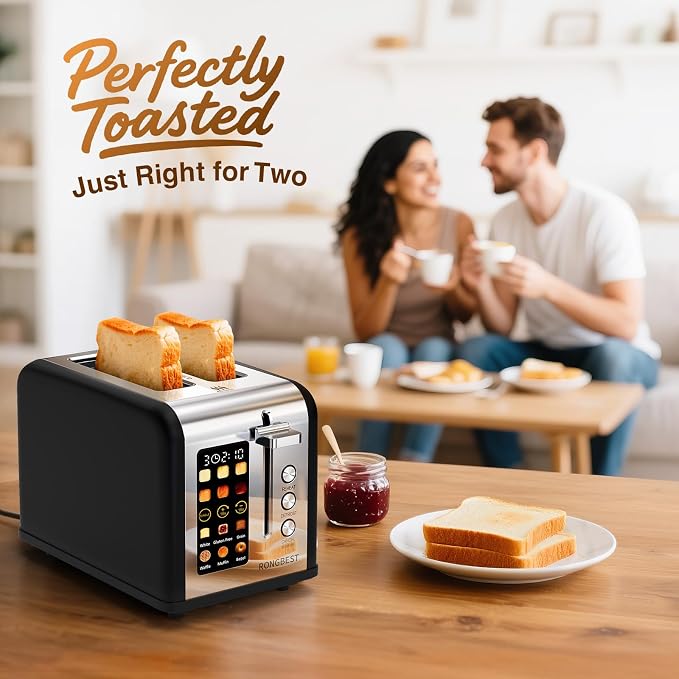 2 Slice Touch Screen Toaster Stainless Steel with Wide Slots for Family Breakfast, Even Toasting for Bagels & Bread, Defrost & Reheat, Easy Removable Crumb Tray, Matt Black