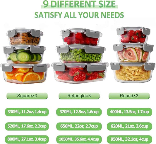 HOMBERKING Glass Food Storage Containers with Lids, [18 Piece] Glass Meal Prep Containers, Airtight Lunch Bento Boxes, BPA-Free & Leak Proof (9 lids & 9 Containers) - Grey