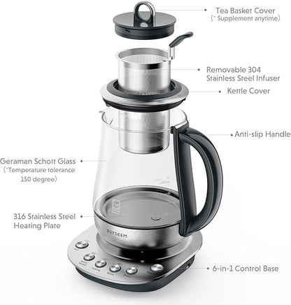 BUYDEEM K2423 Tea Maker, 316 Stainless Steel & Heat Resistant DURAN Glass Electric Kettle, 5 Temperature Settings, Removable Infuser, Auto Keep Warm, 1.2L