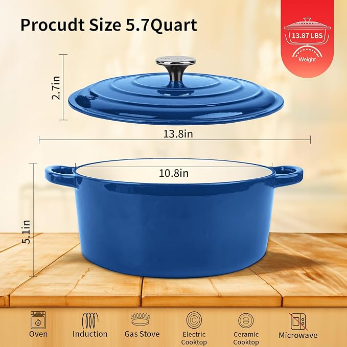 Enameled Cast Iron Dutch Oven Pot with Lid, 5.7 Quart Dutch Oven for Bread Baking, Oven Safe up to 500° F, Suitable for Bread Baking, Braising, Roasting, Stews, Blue