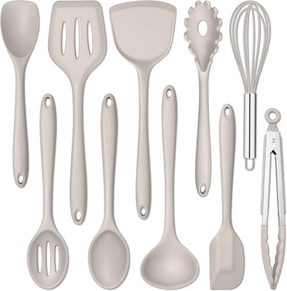 E-far 10 Pieces Silicone Cooking Utensils Set, Heat Resistant Kitchen Utensil Set for Nonstick Cookware, Kitchen Cooking Tools with Spatula, Spoon, Slotted Turner, Non-Toxic & Dishwasher Safe (Khaki)