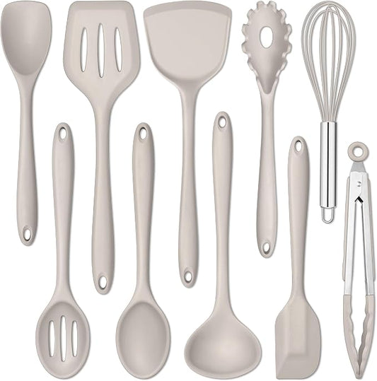 E-far 10 Pieces Silicone Cooking Utensils Set, Heat Resistant Kitchen Utensil Set for Nonstick Cookware, Kitchen Cooking Tools with Spatula, Spoon, Slotted Turner, Non-Toxic & Dishwasher Safe (Khaki)