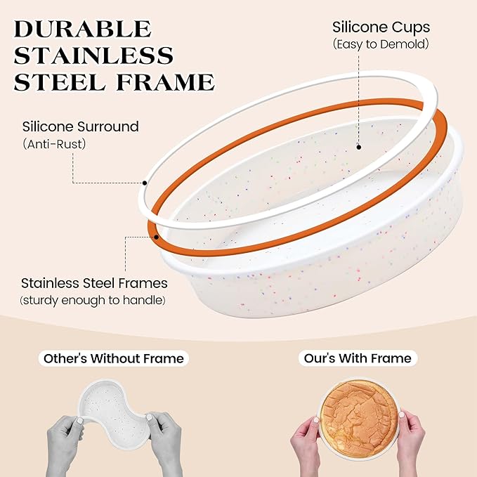 10 inch Silicone Round Cake Pans with Metal Reinforced Frame, Nonstick Cake Molds for Baking, BPA Free Set of 3 (Cream)