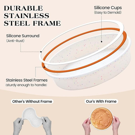 8 inch Silicone Round Cake Pans with Metal Reinforced Frame, Nonstick Cake Molds for Baking, BPA Free Set of 2 (Cream)