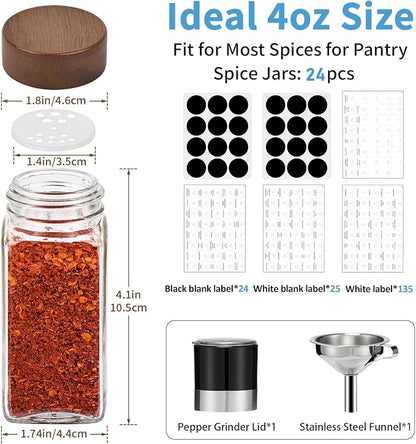 Yangbaga Glass Spice Containers for Kitchen: 24p 4oz Durable Glass Dishwasher Safe Jars w/2p Rack for Cooking Enthusiasts- Airtight Acacia lid 500X Open-Close no Loose - Gift/Daily Use for Housewives