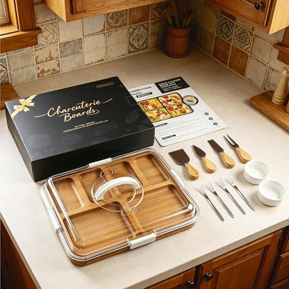 Renmxj Charcuterie Boards with Lid Gift Set, 2 in 1 Travel Portable Cheese Board with Knives Set, Natural Bamboo Charcuterie Tray, Housewarming Gifts New Home, Picnic, Wedding Gifts, White Handle