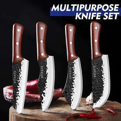 KITNATS 4PCS Hand Forged Butcher Knife Set - Kiritsuke Knives, Meat Cleaver Knife, Boning Knives, Butcher Knives, High Carbon Steel Meat Cutting Knives for Home Kitchen & Outdoor…