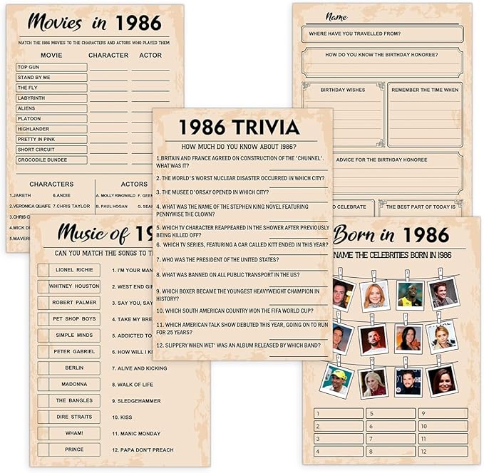 QUPT 40th Birthday Party Games, Set of 5 Activities for 10 Guests, Born in 1986 Games Bundle, Birthday Party Supplies for Adults, Pack of 50 Cards