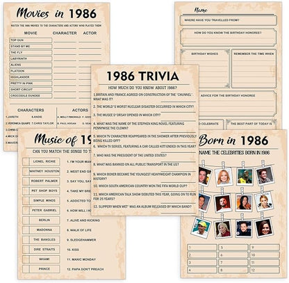 QUPT 40th Birthday Party Games, Set of 5 Activities for 10 Guests, Born in 1986 Games Bundle, Birthday Party Supplies for Adults, Pack of 50 Cards