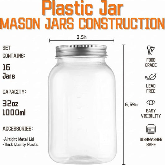 novelinks 32 oz Clear Plastic Jars with Lids, 16 Pack Large Plastic Mason Jars with Lids 32oz, Reusable Quart Containers for Kitchen Organization (16 Pack,Silver)