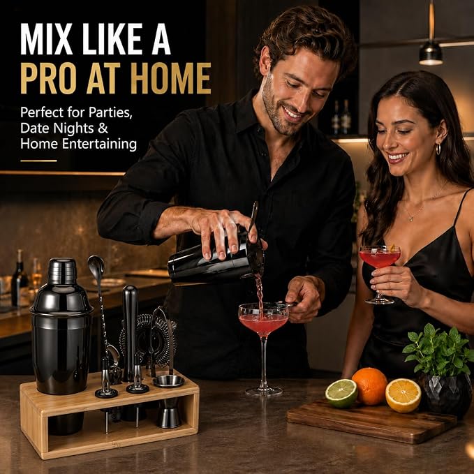 Black Cocktail Shaker Set, Premium 18/8 Stainless Steel Mixology Bartender Kit with Stylish Bamboo Stand 10-Piece Bar Tools & Accessories for Home Bar for Men, Dad, Husband