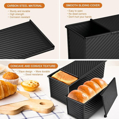2Pack Large Bread Pan with Lids – 2.2LB Dough Capacity, Non-Stick Carbon Steel Bread Pans for Homemade Sandwich and Sourdough Bread, Corrugated Toast Mold (Black)