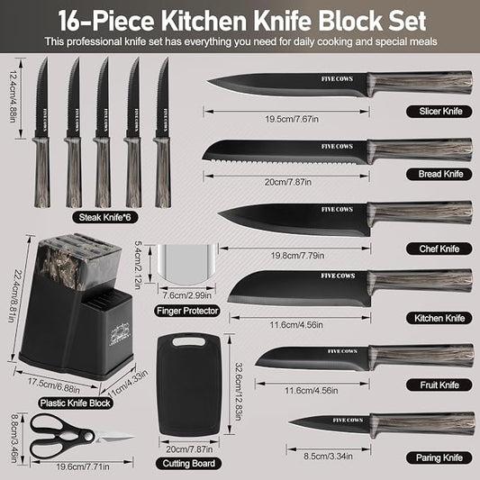 16-Piece Kitchen Knife Block Set with Cutting Board - German Stainless Steel Knives, Built-In Sharpener, Dishwasher Safe, Anti-Slip Handle - All-in-One Cutlery Set for Home/Kitchen (Black)