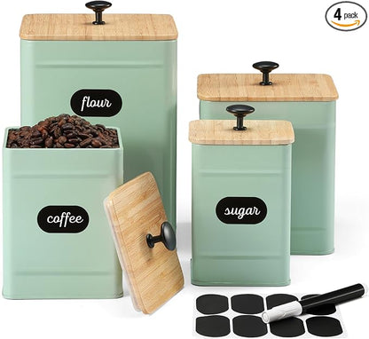 PERFNIQUE Kitchen Canisters, Airtight Canister Sets of 4 for Kitchen Counter, Sage Green Kitchen Accessories, Coffee Tea Sugar Flour Spice Tin Jars Food Storage (Sage Green)
