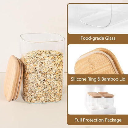 TBWIND 37oz(1.2Qt) Square Glass Storage Containers with Bamboo Lids – 4 Pack Clear Food Airtight Glass Jars for Pantry Organizers and Storage, Kitchen Dry Food, Coffee, Sugar, Flour, Snacks, Spices