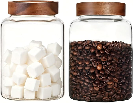 2 PCS Large Glass Jars with Wooden Airtight Lid 60 oz /1800ml,Clear Ground Coffee Bean Storage Canister with Screw Lid Glass Food Contianer for Pantry Sugar Tea Spice Cookies Salts (1800ml/60oz-2PACK)