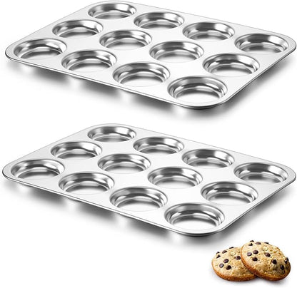 P&P CHEF 12-Cup Muffin Top Pan (2 Piece), Stainless Steel Muffin Pan Cupcake Tin with Shallow Side for Whoopie Pie & Yorkshire Pudding, Easy Clean & Oven Safe, Silver
