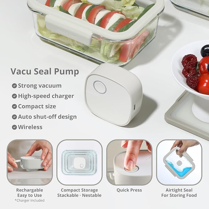 Neoflam Vacu Seal 13-Piece Vacuum Food Storage Set – Borosilicate Glass with Vacuum Pump | Airtight Stackable Containers with Steam-Valve Lids | Oven Freezer Dishwasher Microwave Compatible