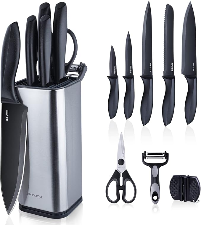 RAXCO Knife Set,10-Piece Stainless Steel Kitchen Knife Set with Block,Black | Compact Small Countertop Holder,Pro-Sharpened Stainless Steel Chef Knives, Space Saving Knife Set for RV & Apartment