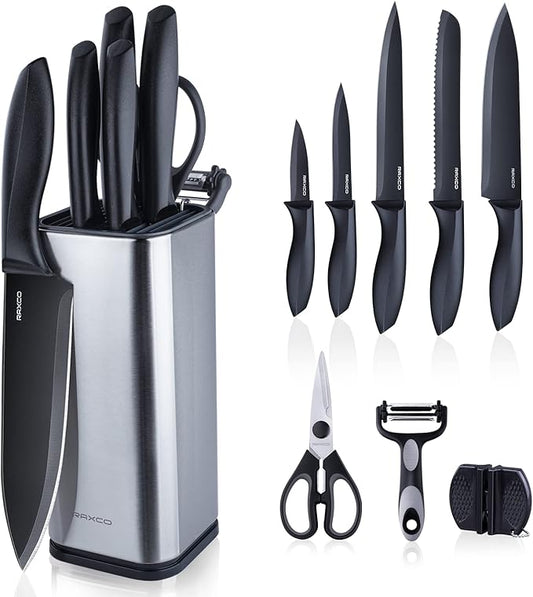 RAXCO Knife Set,10-Piece Stainless Steel Kitchen Knife Set with Block,Black | Compact Small Countertop Holder,Pro-Sharpened Stainless Steel Chef Knives, Space Saving Knife Set for RV & Apartment